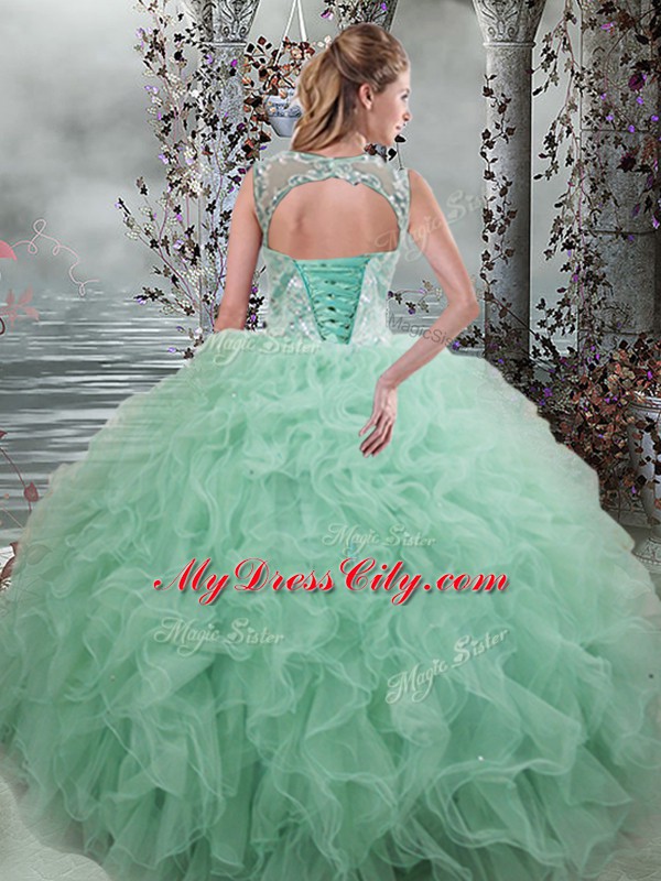 Superior Apple Green Scoop Neckline Beading and Ruffles 15th Birthday Dress Sleeveless Lace Up