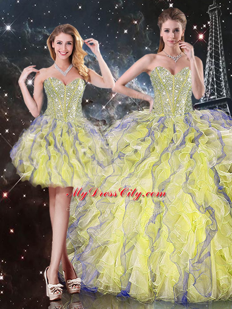 Yellow Lace Up Sweetheart Beading and Ruffles Quinceanera Gown Organza Sleeveless