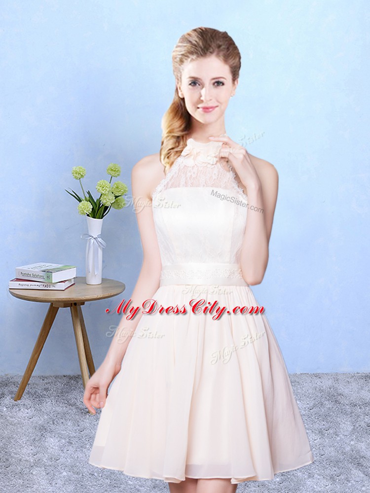 Fabulous Champagne Empire Lace Quinceanera Court Dresses Lace Up Chiffon Sleeveless Knee Length