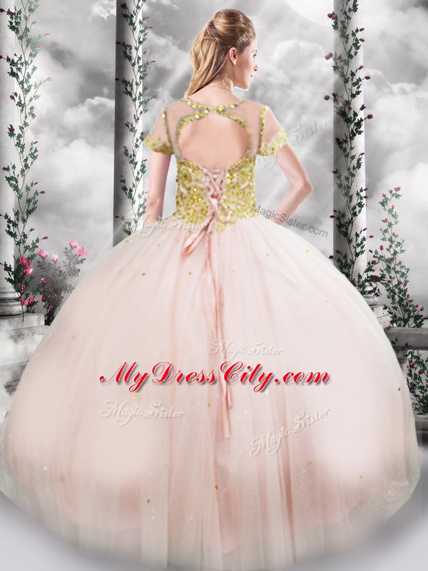 Scoop Short Sleeves Tulle Quince Ball Gowns Beading Lace Up