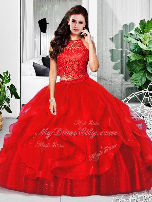 Gorgeous Red Zipper Halter Top Lace and Ruffles Quinceanera Gowns Tulle Sleeveless