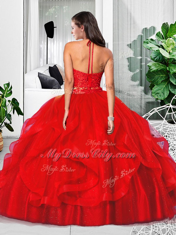 Gorgeous Red Zipper Halter Top Lace and Ruffles Quinceanera Gowns Tulle Sleeveless