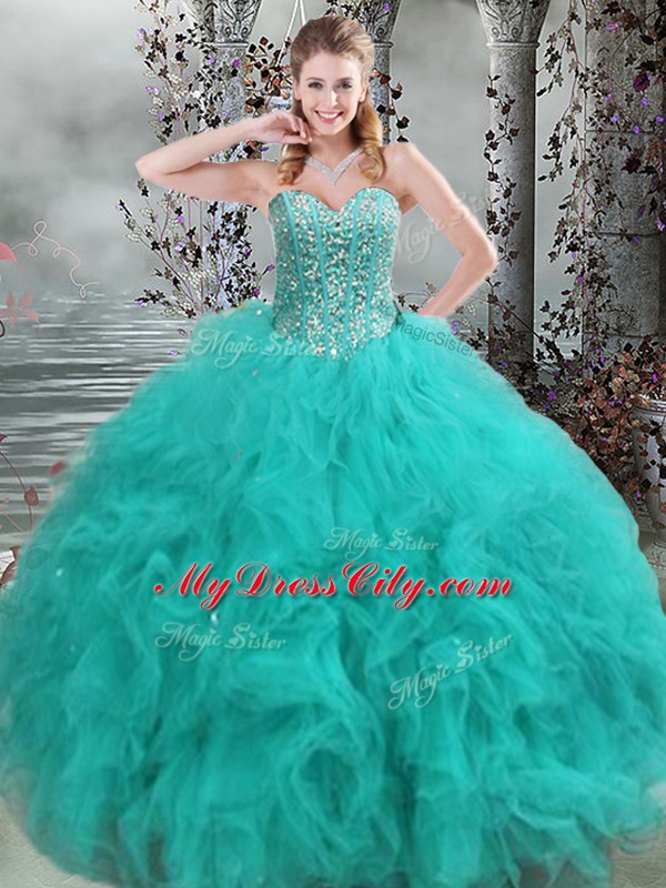 New Arrival Turquoise Ball Gowns Beading and Ruffles Quinceanera Dress Lace Up Organza Sleeveless Floor Length