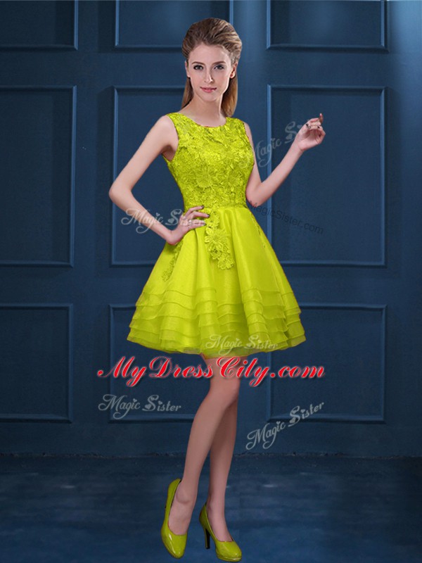 Exceptional Scoop Sleeveless Zipper Quinceanera Dama Dress Yellow Green Tulle