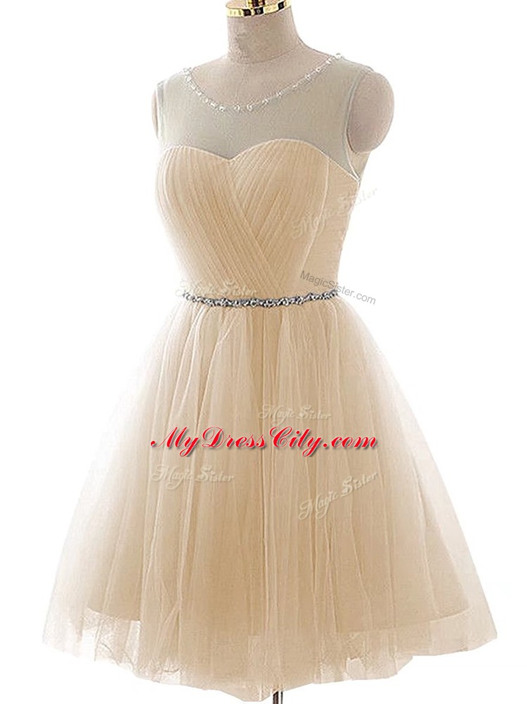 Champagne Tulle Lace Up Sleeveless Floor Length Beading and Ruching