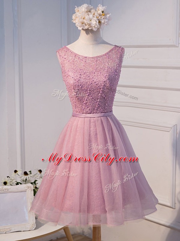 Mini Length Pink Hoco Dress Scoop Sleeveless Lace Up