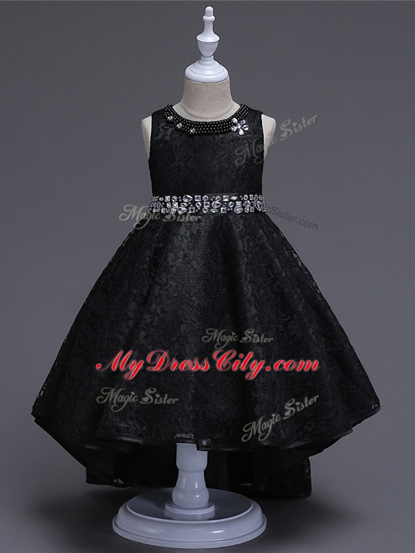 High Low Lace Up Flower Girl Dress Black for Wedding Party with Beading