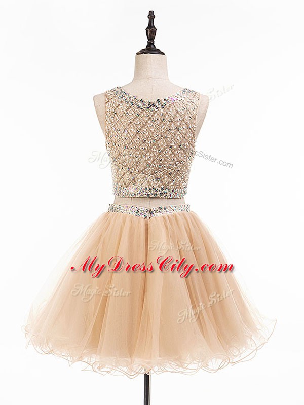 Champagne Sleeveless Mini Length Beading Side Zipper Prom Party Dress