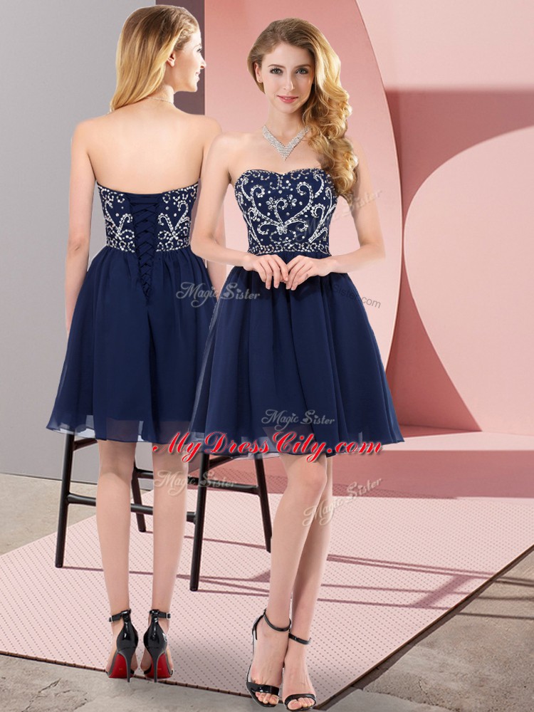 Navy Blue Sleeveless Chiffon Lace Up Prom Dresses for Prom and Party and Sweet 16