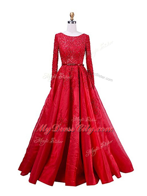 Zipper Evening Dress Red for Prom and Party with Beading and Lace Brush Train