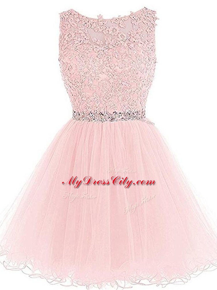 Tulle Scoop Sleeveless Zipper Beading and Lace and Appliques and Ruffles Homecoming Dresses in Pink