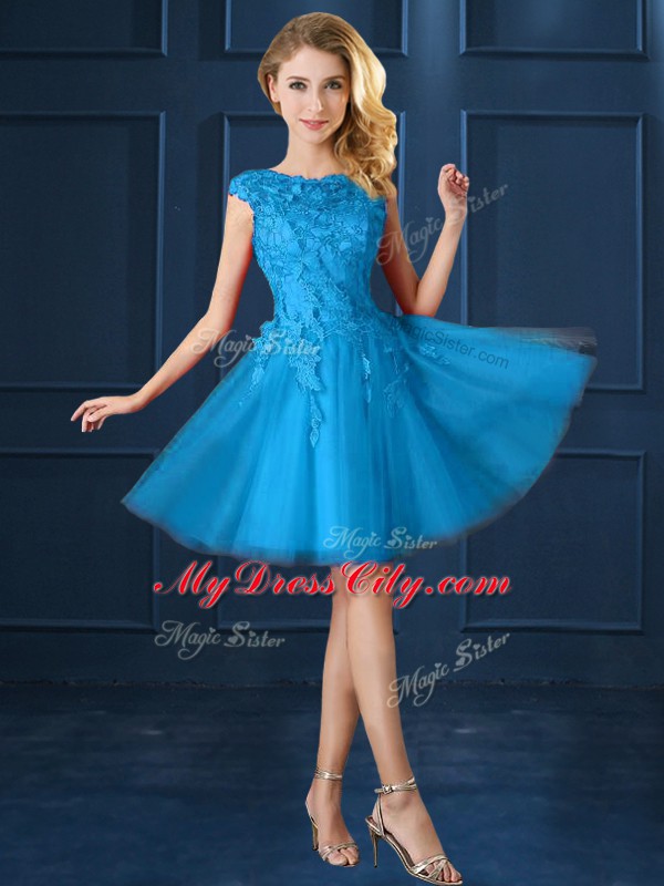 Knee Length Lace Up Dama Dress for Quinceanera Baby Blue for Prom and Party with Lace and Belt