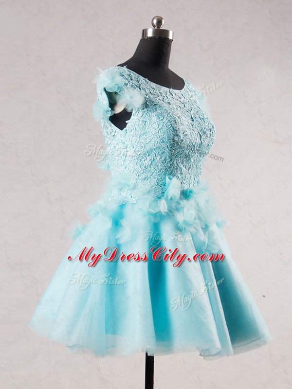 Ideal Short Sleeves Lace and Appliques and Hand Made Flower Backless Prom Evening Gown