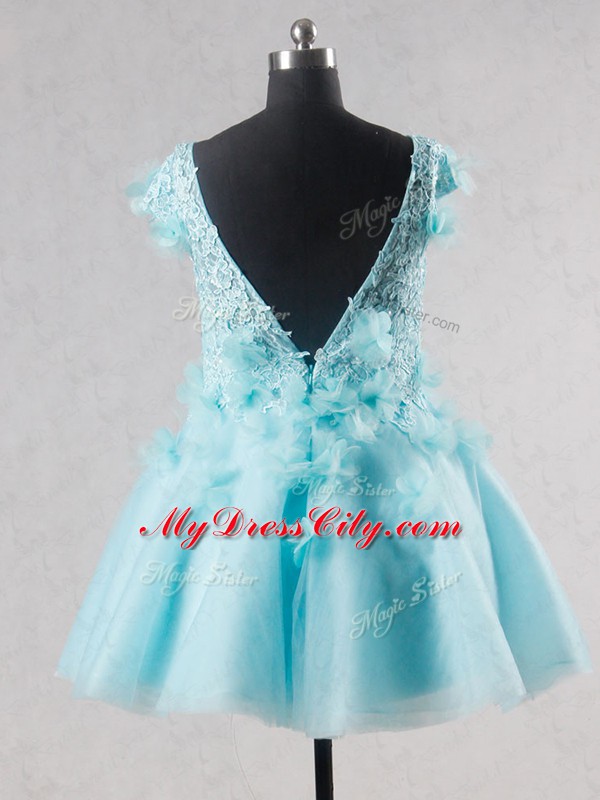 Ideal Short Sleeves Lace and Appliques and Hand Made Flower Backless Prom Evening Gown