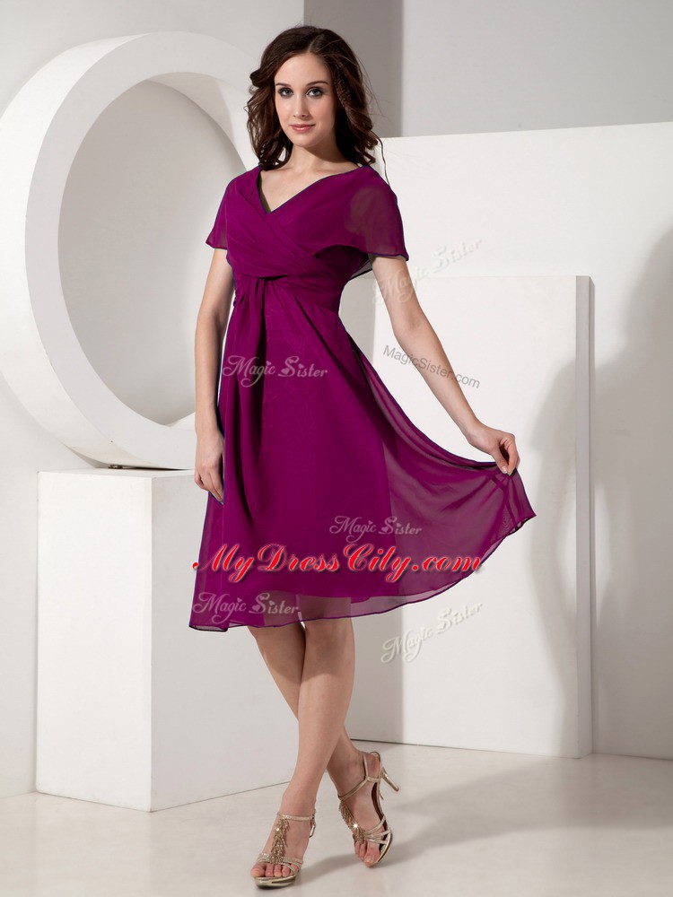 Purple Short Sleeves Knee Length Ruching Zipper Mother Dresses