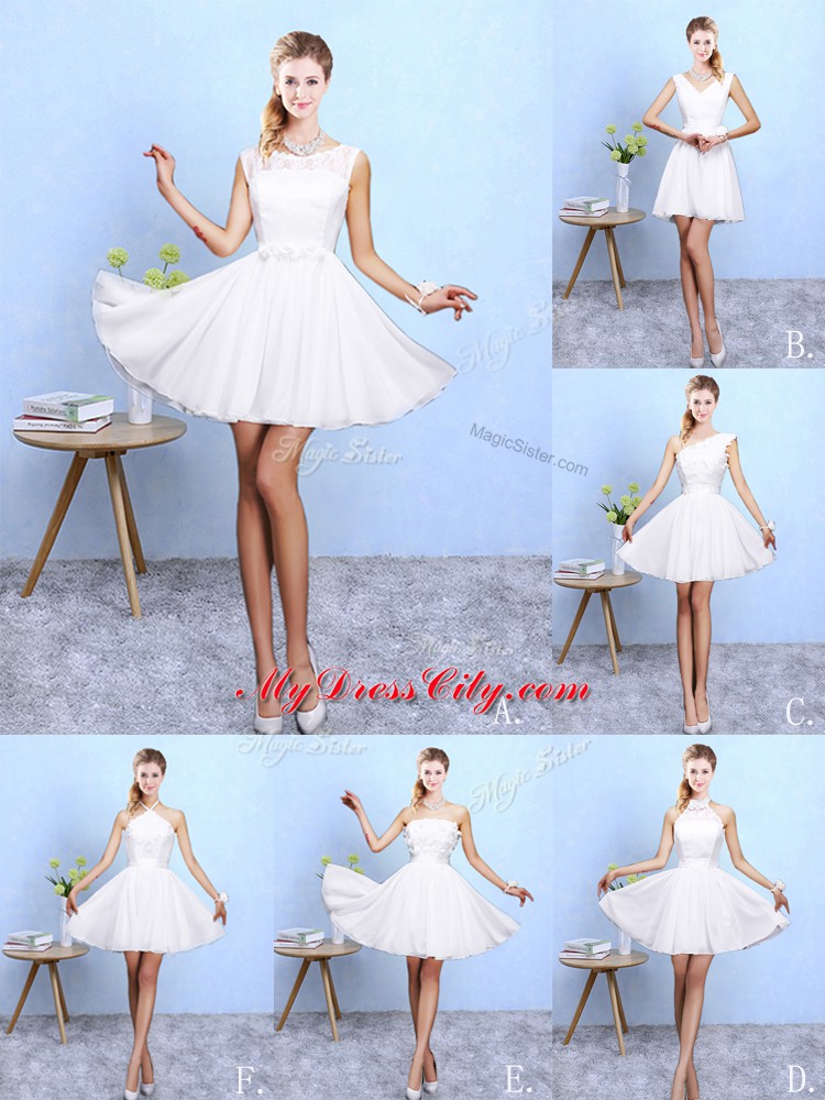Modern White Sleeveless Knee Length Lace and Appliques Lace Up Dama Dress for Quinceanera