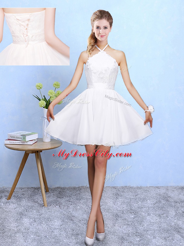 Modern White Sleeveless Knee Length Lace and Appliques Lace Up Dama Dress for Quinceanera