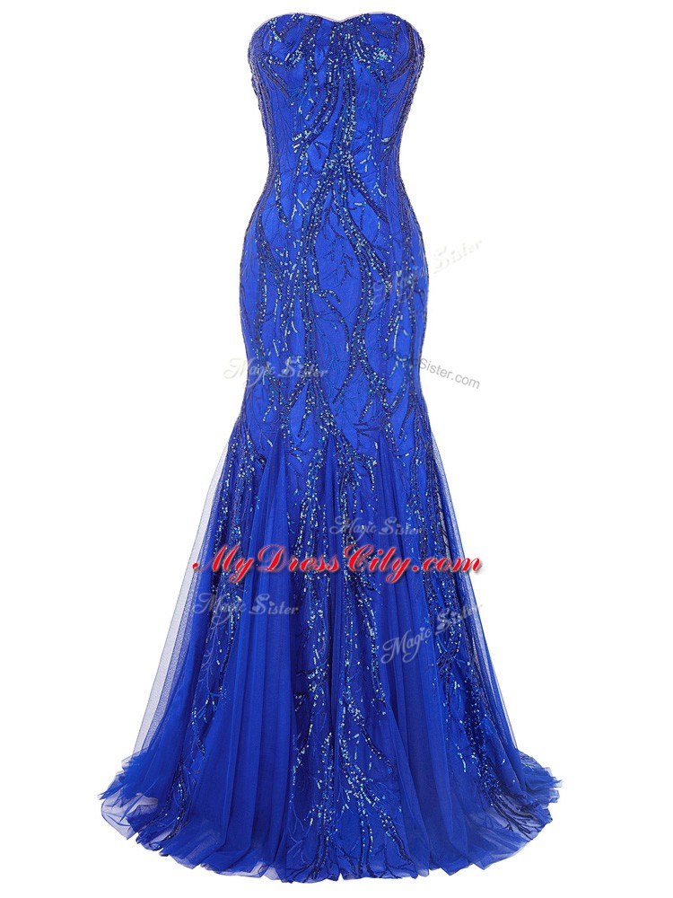 Royal Blue Mermaid Tulle Sweetheart Sleeveless Sequins Lace Up Evening Gowns Brush Train