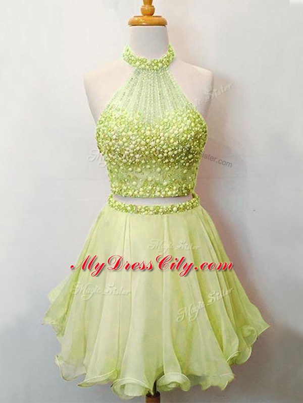 Yellow Green Sleeveless Knee Length Beading Lace Up Bridesmaid Dress