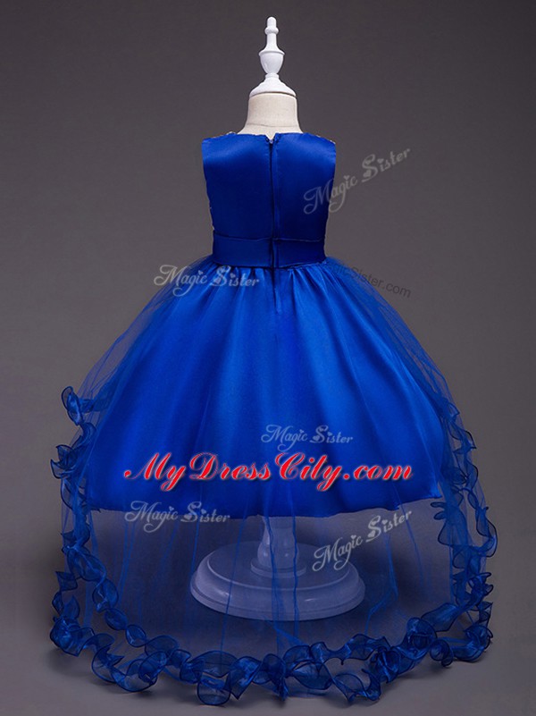 Classical High Low Ball Gowns Sleeveless Royal Blue Little Girls Pageant Gowns Zipper