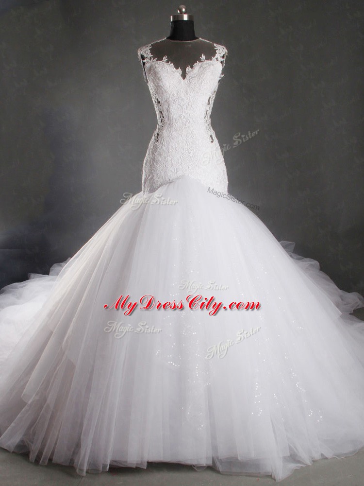 Scoop Sleeveless Wedding Dress Chapel Train Lace White Tulle