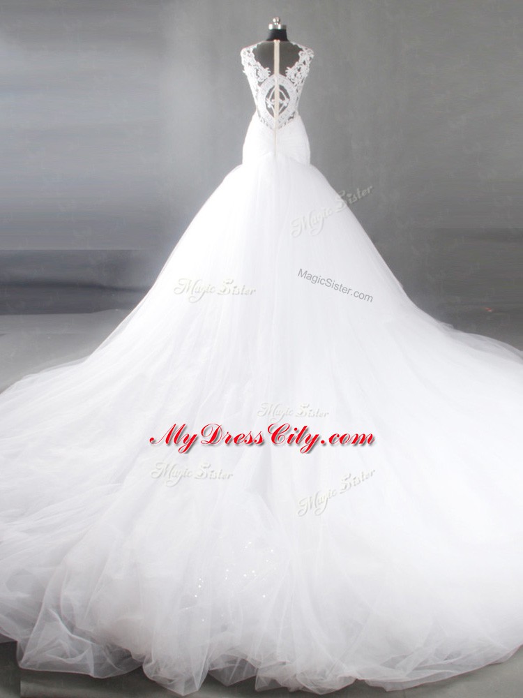 Scoop Sleeveless Wedding Dress Chapel Train Lace White Tulle