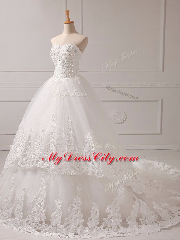 Hot Sale Sweetheart Sleeveless Brush Train Lace Up Wedding Gowns White Tulle
