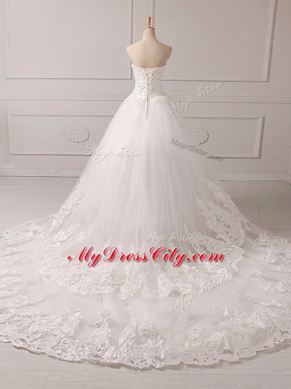 Hot Sale Sweetheart Sleeveless Brush Train Lace Up Wedding Gowns White Tulle