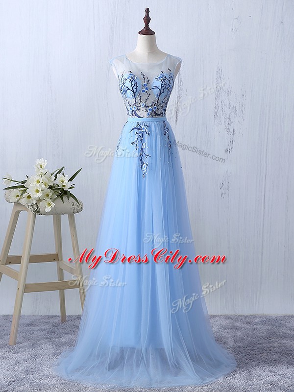Sleeveless Tulle Floor Length Side Zipper Quinceanera Court Dresses in Light Blue with Appliques