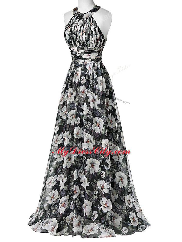Halter Top Sleeveless Evening Dress Floor Length Ruching Multi-color Printed
