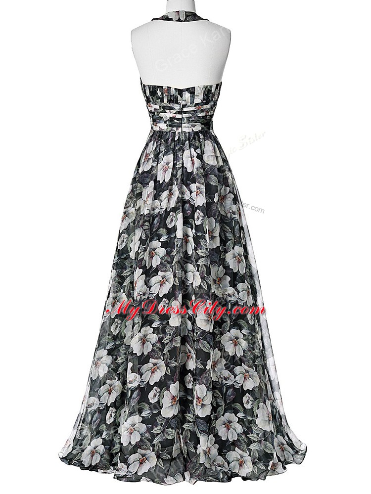 Halter Top Sleeveless Evening Dress Floor Length Ruching Multi-color Printed