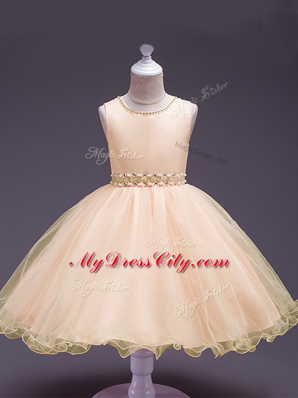 Custom Made Beading Flower Girl Dress Peach Zipper Sleeveless Knee Length