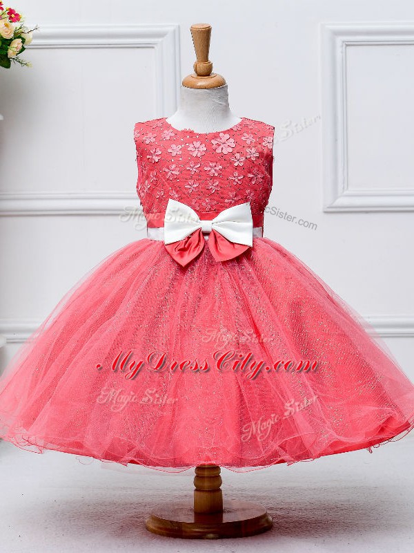 Glorious Lace and Bowknot Flower Girl Dress Coral Red Zipper Sleeveless Knee Length