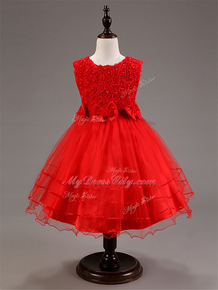 Knee Length Red Flower Girl Dresses for Less Tulle Sleeveless Ruffled Layers and Hand Made Flower
