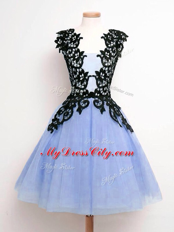 Glittering Knee Length Lace Up Bridesmaid Dress Light Blue for Prom and Party and Wedding Party with Lace