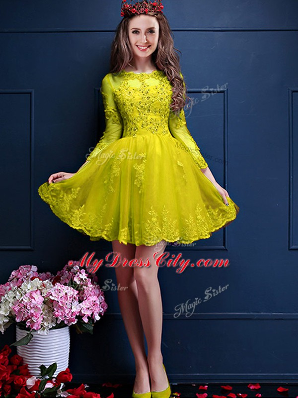 Lovely Yellow 3 4 Length Sleeve Mini Length Beading and Lace and Appliques Lace Up Bridesmaid Gown
