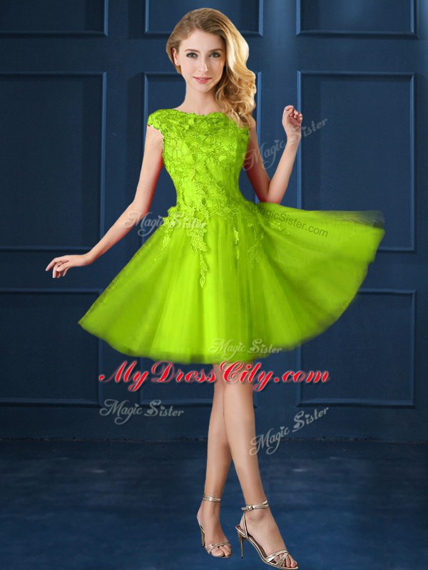 Sumptuous Yellow Green A-line Tulle Bateau Cap Sleeves Lace and Appliques Knee Length Lace Up Bridesmaid Gown