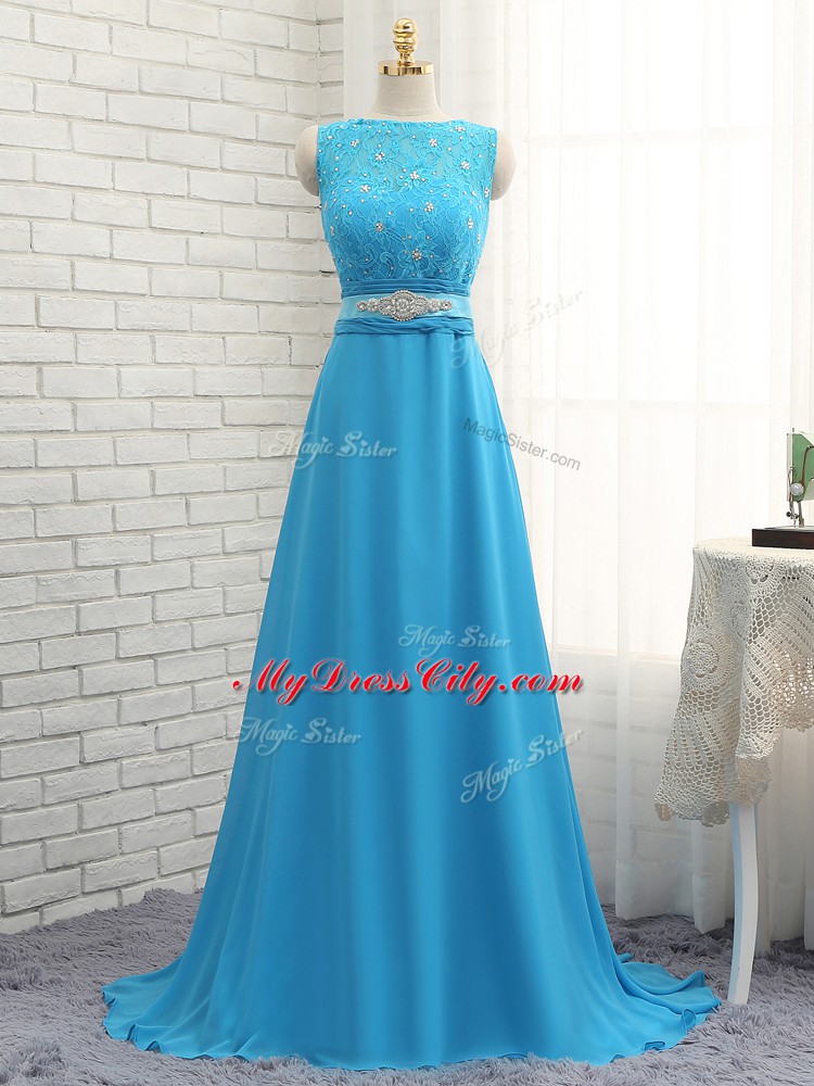 Customized Empire Sleeveless Baby Blue Bridesmaid Dress Brush Train Zipper