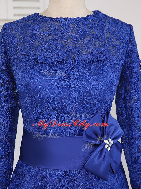 Long Sleeves Knee Length Lace and Appliques and Belt Zipper Mother of the Bride Dress with Royal Blue