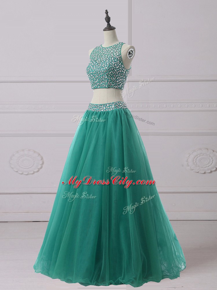 Green Scoop Zipper Beading Dress for Prom Sleeveless