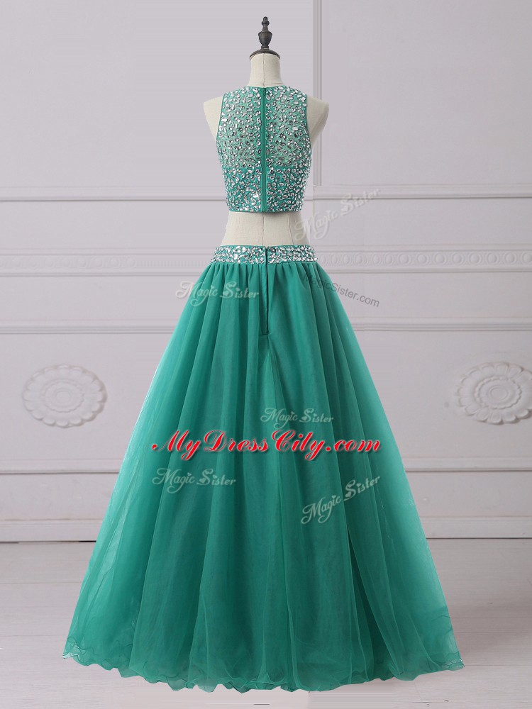 Green Scoop Zipper Beading Dress for Prom Sleeveless