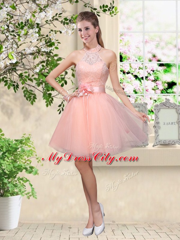 Knee Length Peach Quinceanera Dama Dress Tulle Sleeveless Lace and Belt
