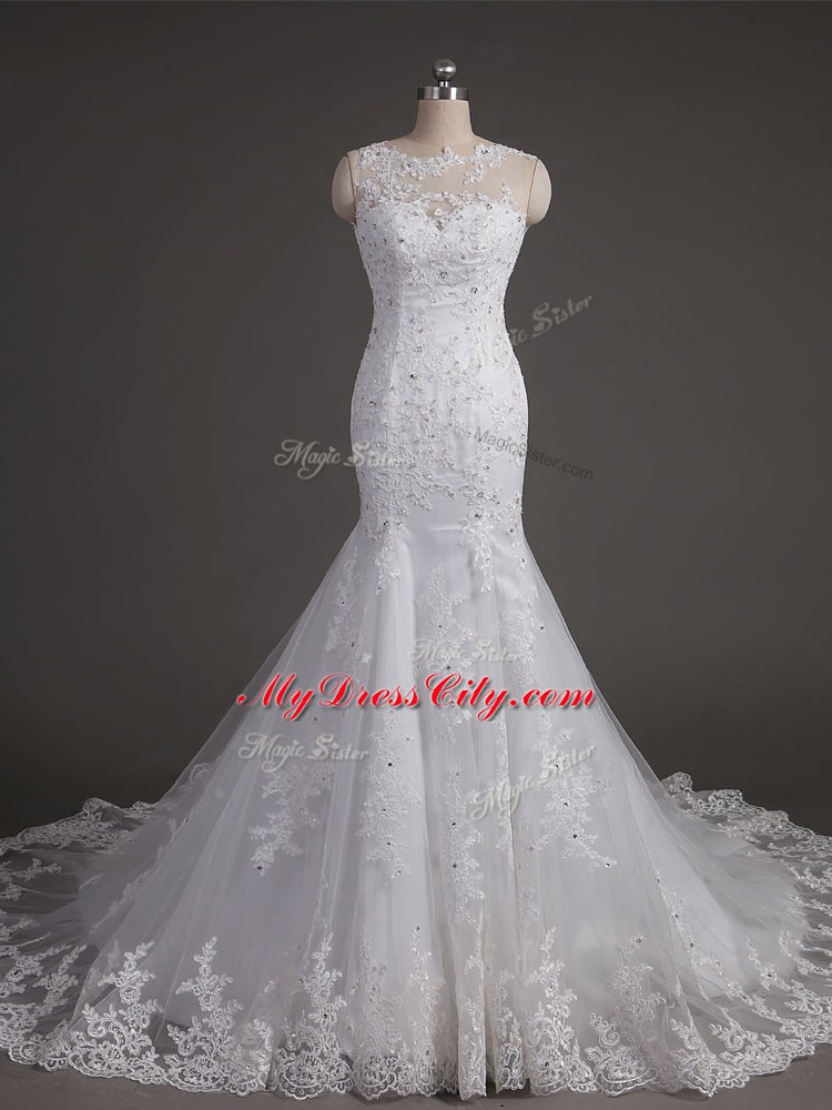 Colorful White Sleeveless Brush Train Lace Wedding Dress