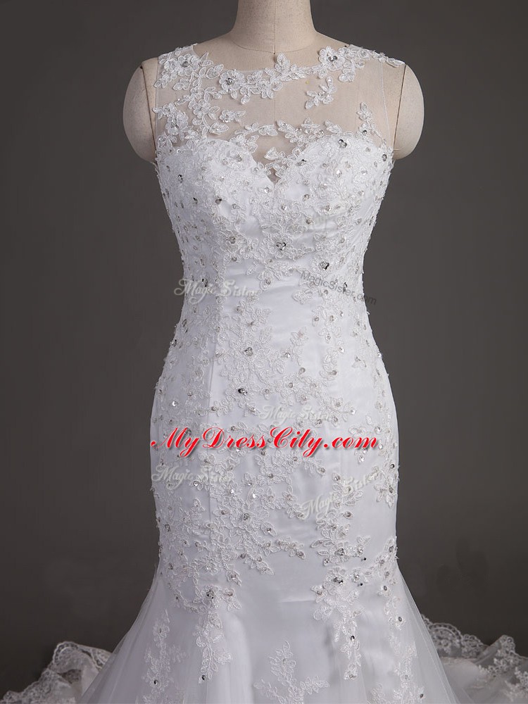 Colorful White Sleeveless Brush Train Lace Wedding Dress