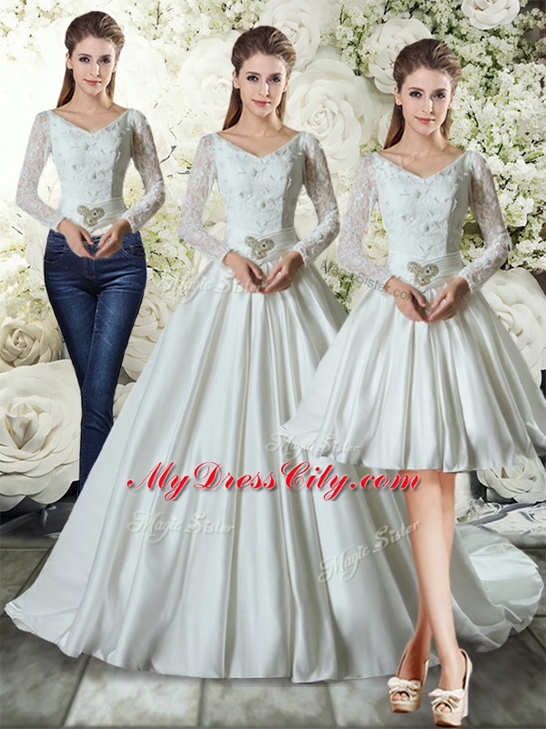 Wonderful White Wedding Gowns Taffeta Chapel Train Long Sleeves Lace and Belt