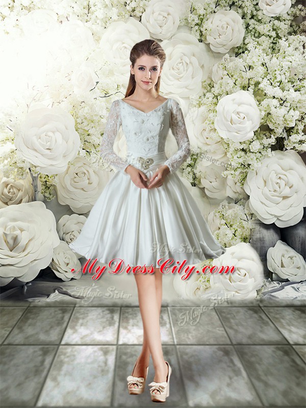 Wonderful White Wedding Gowns Taffeta Chapel Train Long Sleeves Lace and Belt