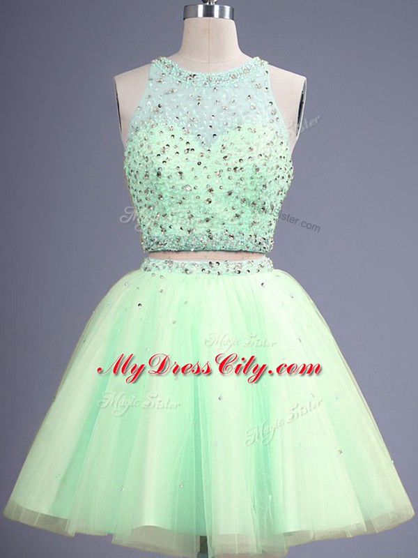 Yellow Green Two Pieces Scoop Sleeveless Tulle Knee Length Lace Up Beading Wedding Guest Dresses