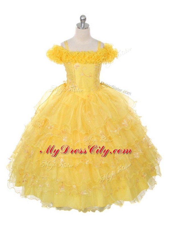 Yellow Sleeveless Ruffles and Ruffled Layers Floor Length Teens Party Dress