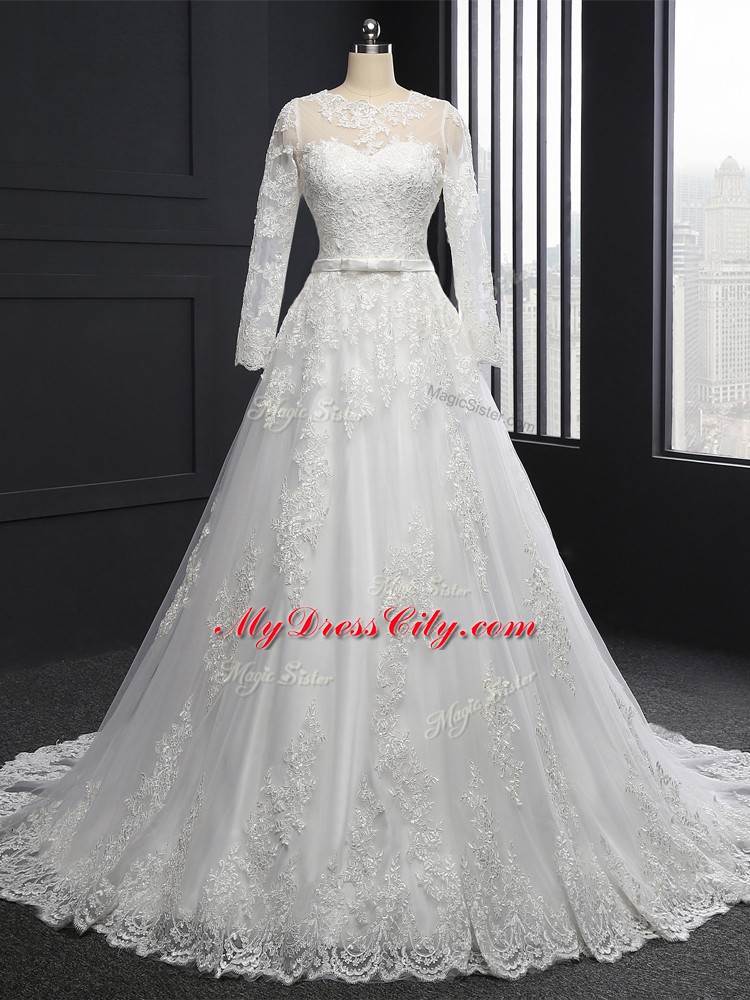 Artistic Scoop Long Sleeves Brush Train Lace Up Wedding Gown White Tulle