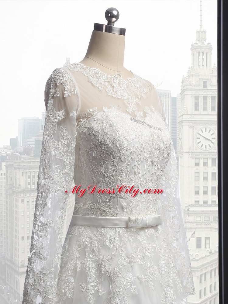 Artistic Scoop Long Sleeves Brush Train Lace Up Wedding Gown White Tulle